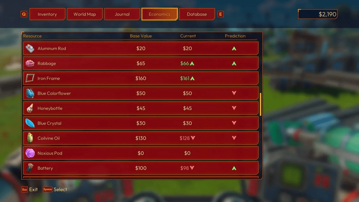 Экран экономики в Lightyear Frontier показывает различные предметы и их цены