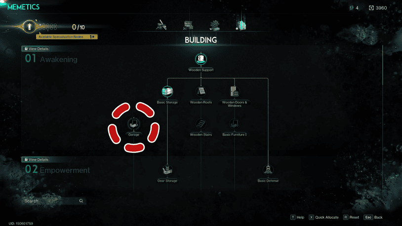 В разделе Строительство на этапе 1: Пробуждение (Stage 1: Awakening) вы можете найти узел для разблокировки гаража с левой стороны - он стоит 1 шифр (Cipher).