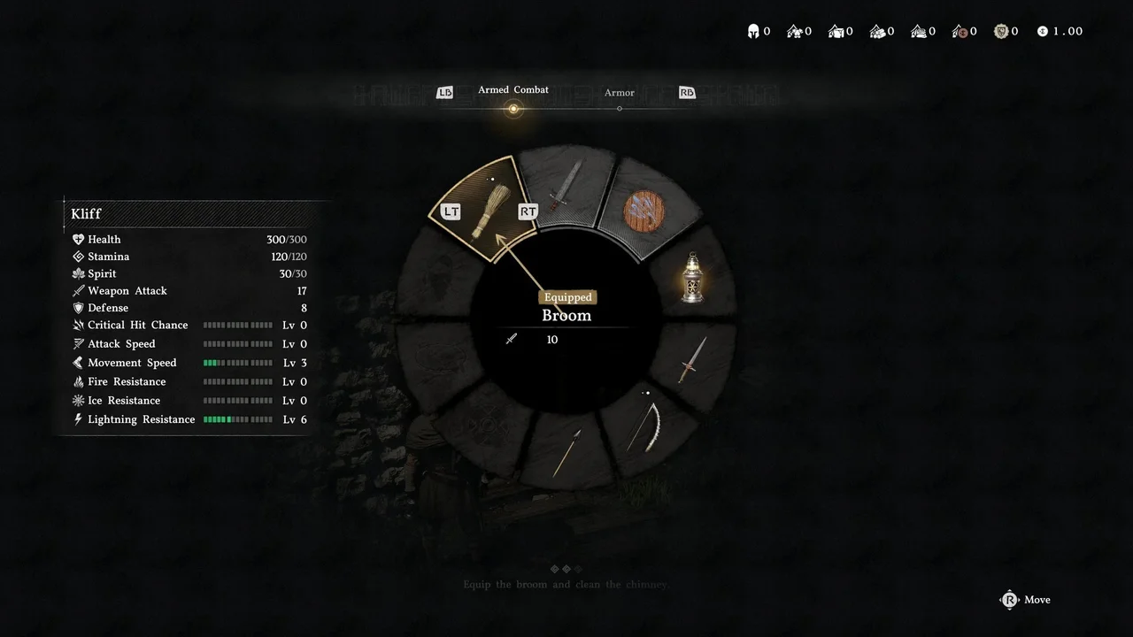 Вам нужно экипировать метлу в верхний левый слот, который находится рядом с вашим мечом