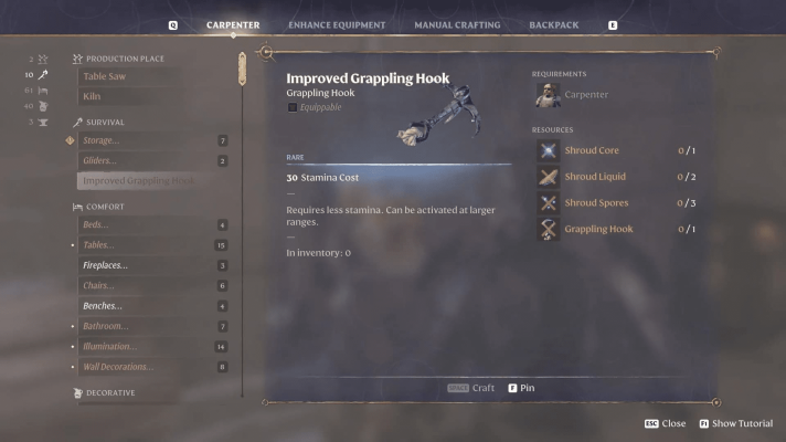 разместите якорь Grappling Hook Anchor в любом удобном для вас месте на базе Enshrouded