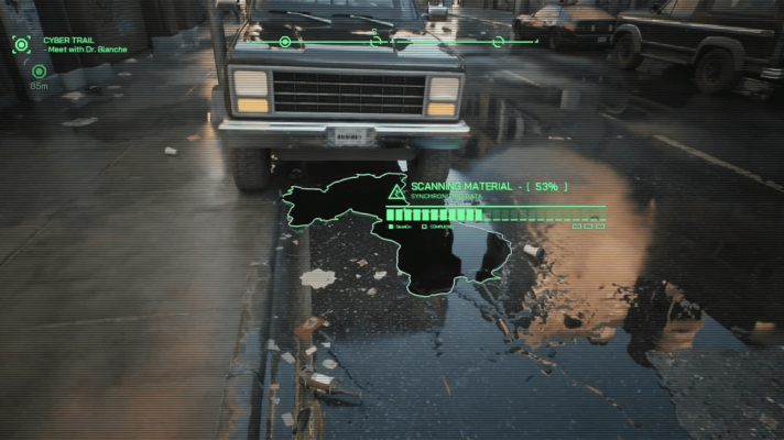 Припаркованный на обочине огромный грузовик, из которого течет масло RoboCop: Rogue City