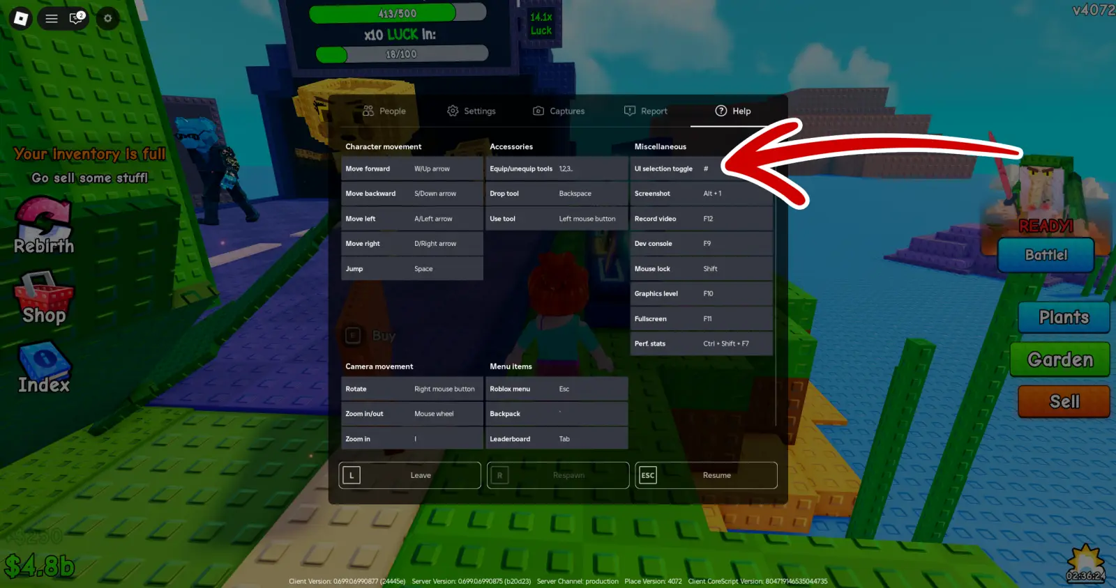 Игровое меню Roblox с разделом Help