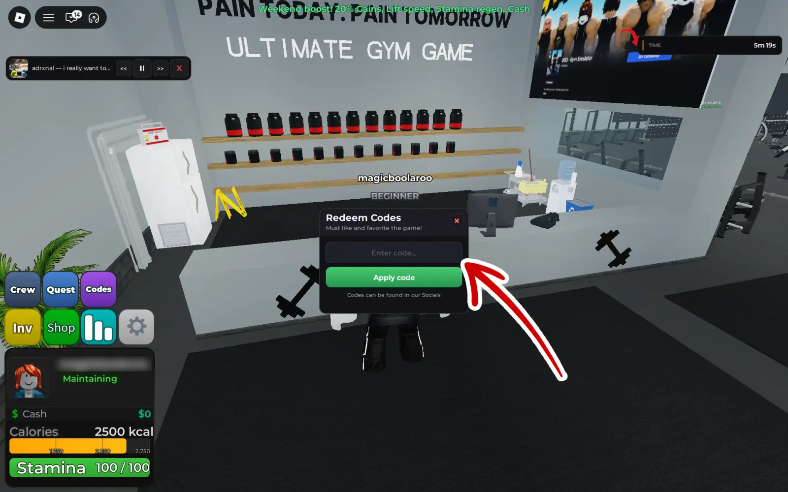 Окно ввода кодов в Ultimate Gym Game