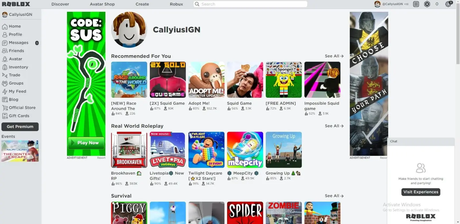 Главная страница Roblox: аватар, имя пользователя и рекомендованные игры