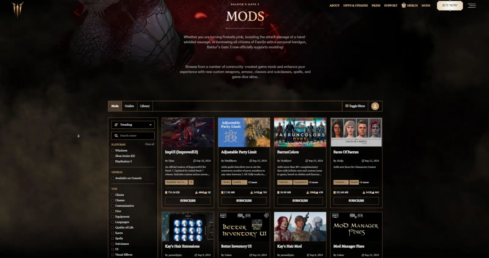 Раздел модов на сайте Baldur's Gate 3.
